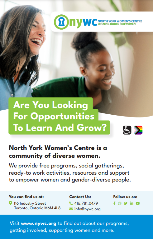 2023 brochure for North York Women's Centre free women's programs and services.