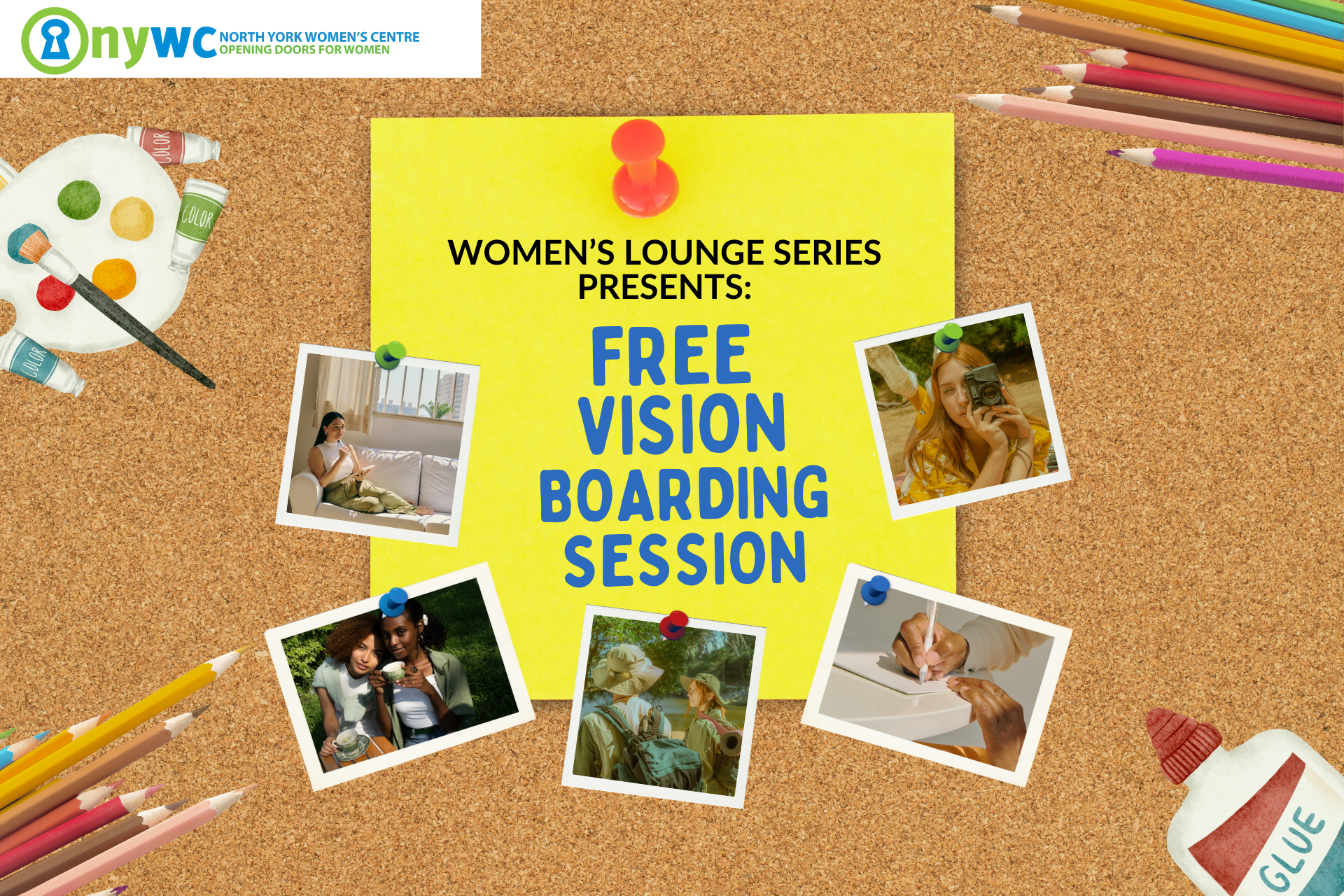 Looking for free women's programs in Toronto? NYWC hosts free events like this vision boarding session on June 25, 2024.